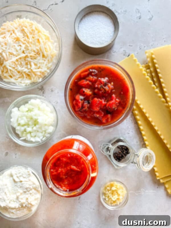 Four images showing the steps of making skillet lasagna