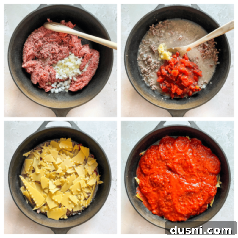 Graphic showing the steps to make skillet lasagna
