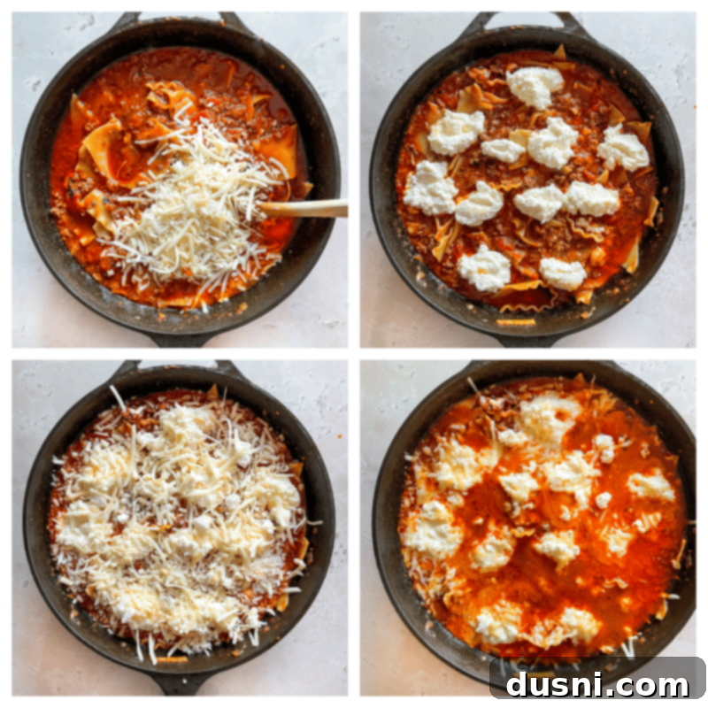 Skillet lasagna with cheese stirred in