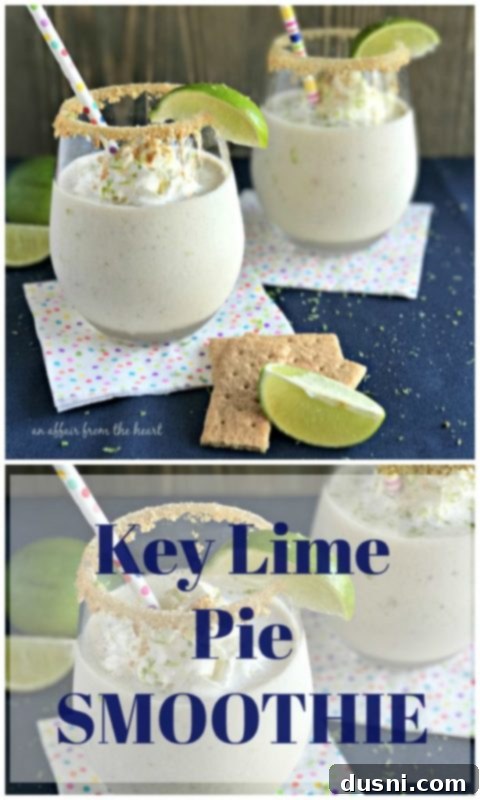 Zesty Key Lime Delight 4 Key Lime Pie Smoothie garnished with whipped cream and lime slice on a wooden board.