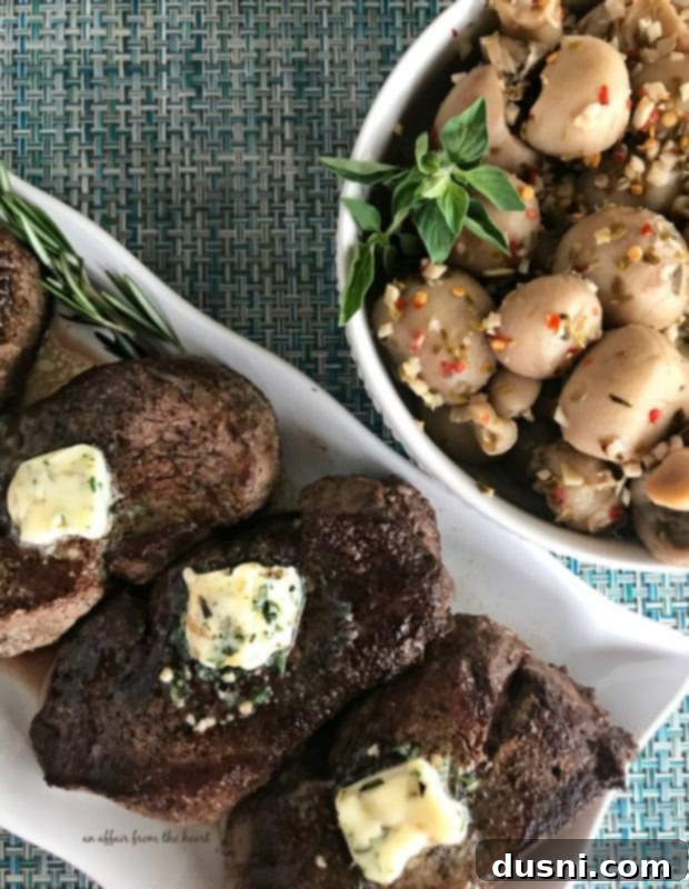 Gourmet Herb Butter Filet Mignon 2 Perfectly cooked Filet Mignon topped with homemade herb butter, served with a side of Paisley Farm marinated mushrooms.