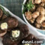 Gourmet Herb Butter Filet Mignon 12 Overhead of Herb Butter Fillets on a white plate and marinated mushrooms in a white bowl