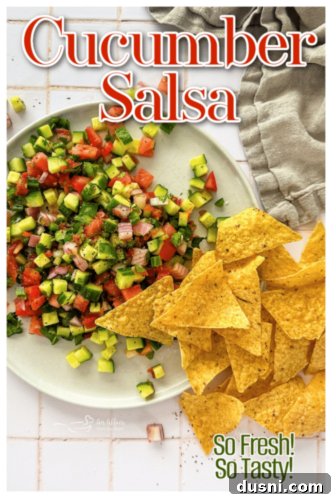 Another view of the fresh cucumber salsa, emphasizing its vibrant colors and textures.