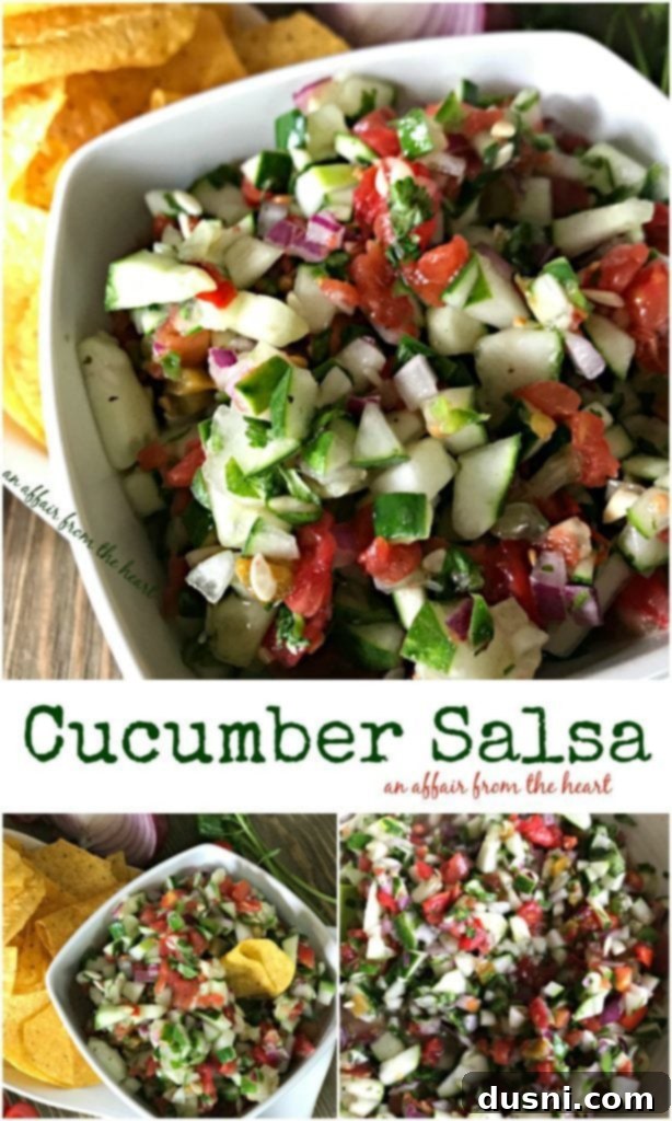 Pinterest triple image with text "cucumber salsa"