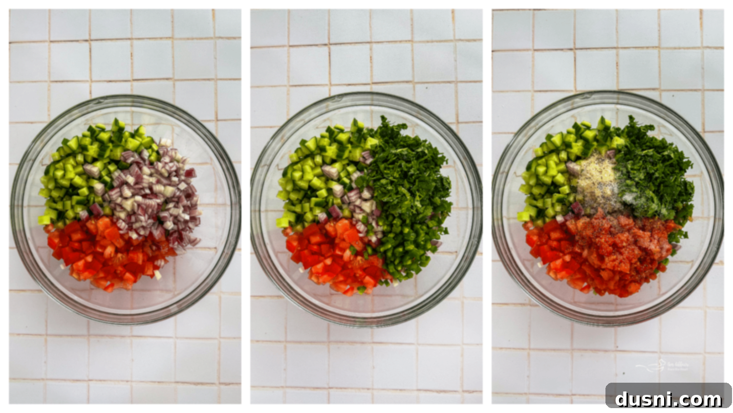 Step-by-step image of combining ingredients in a bowl for cucumber salsa.