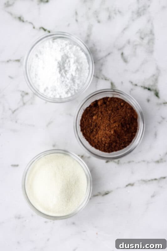 Cozy Homemade Cocoa Blend 3 Ingredients for hot cocoa mix laid out on a table, including powdered sugar, powdered milk, and cocoa powder.