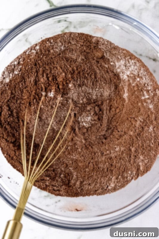 Cozy Homemade Cocoa Blend 6 A whisk actively mixing the powdered sugar, powdered milk, and cocoa powder in a large glass bowl.