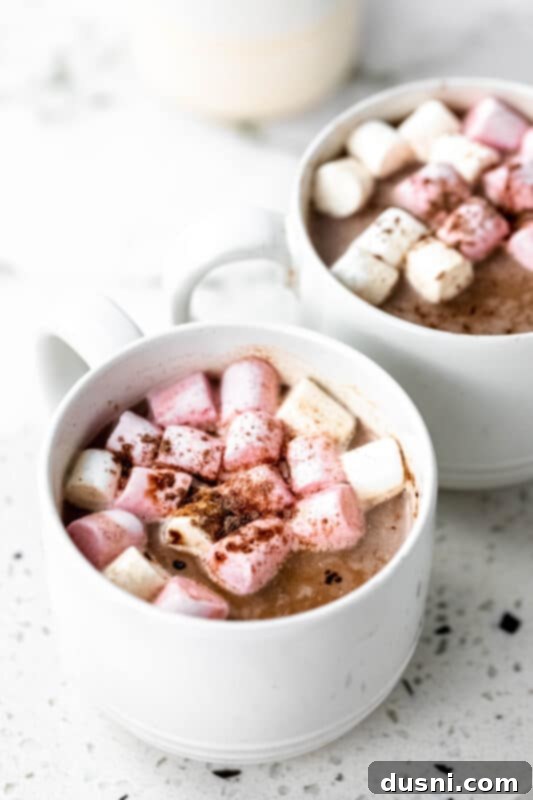 Cozy Homemade Cocoa Blend 8 A full mug of hot cocoa topped with whipped cream and mini marshmallows, with a stirring spoon.