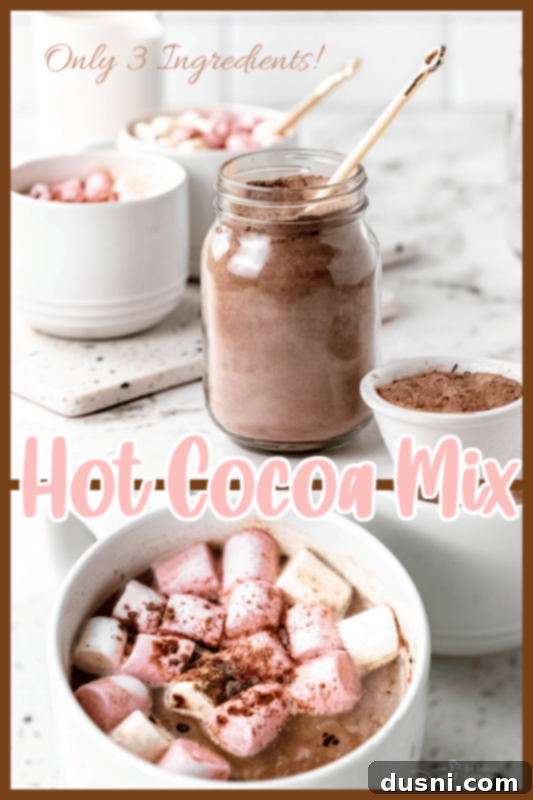 Cozy Homemade Cocoa Blend 9 Homemade Hot Cocoa Mix banner with a jar of mix and a mug of hot cocoa on a rustic wooden surface.