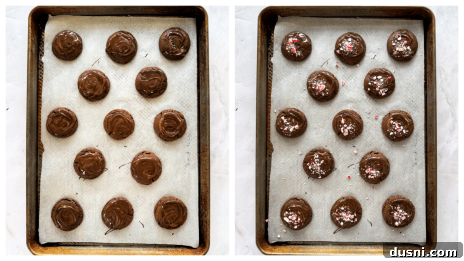 Mint Chocolate Cookie Delights 9 Last step of the recipe: Placing Andes Mints on warm cookies and swirling them to create a frosting.
