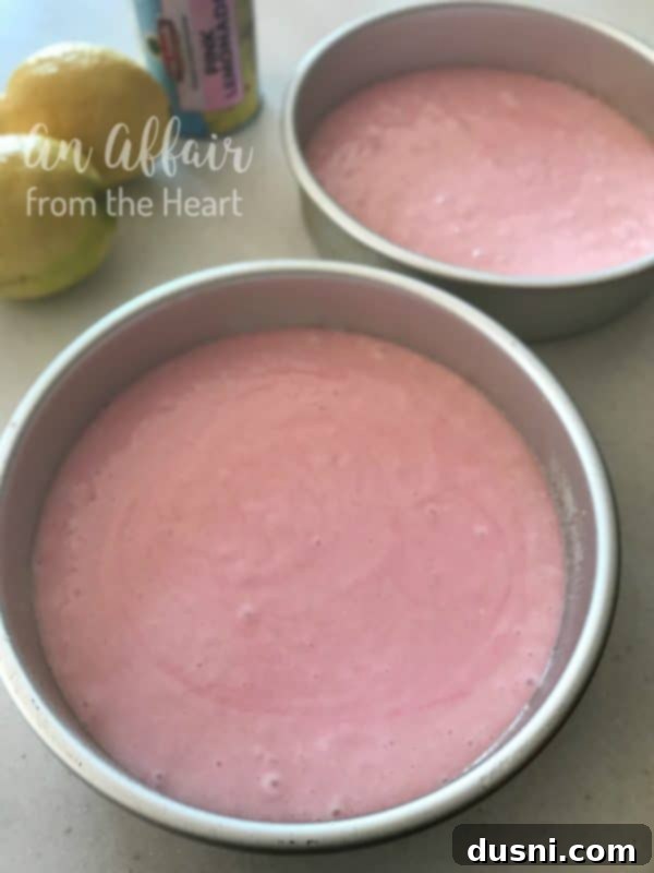 Blush Citrus Dream 11 Pink Lemonade Cake batter in pans before baking