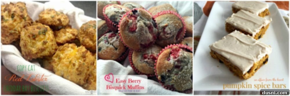 Banana Bread Bliss Stacks 8 Collage of three Bisquick recipes: Red Lobster Cheddar Bay Biscuits, Easy Berry Muffins, and Pumpkin Spice Bars.