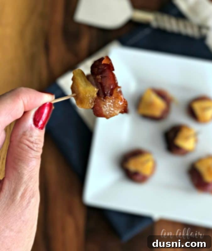 Aloha Bacon Wrapped Sausage Poppers 2 Aloha Bacon Wrapped Sausage Bites with a sweet and savory glaze
