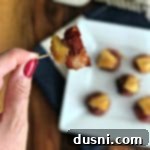 Aloha Bacon Wrapped Sausage Poppers 15 close up of an Aloha Bacon Wrapped Sausage Bite with caramelized brown sugar and pineapple