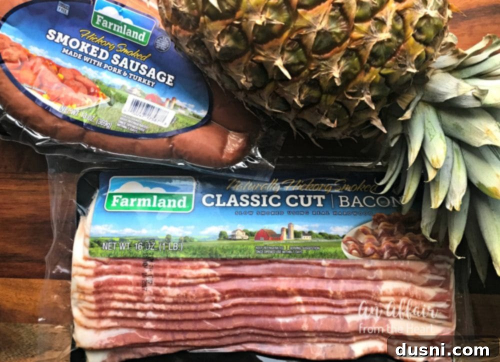 Aloha Bacon Wrapped Sausage Poppers 6 Ingredients for Aloha Bacon Wrapped Sausage Bites: Farmland bacon, sausage, pineapple, brown sugar