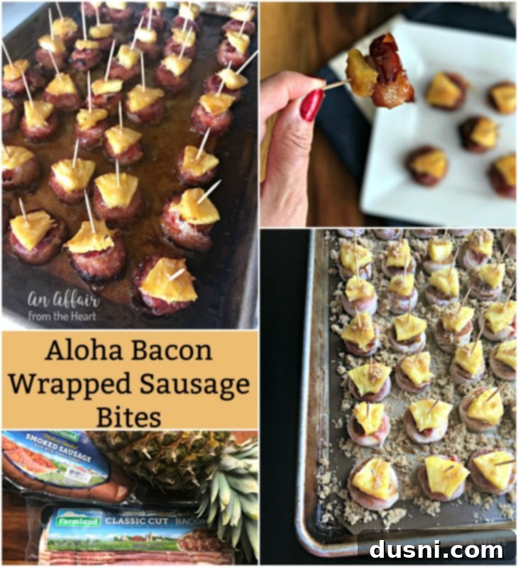 Aloha Bacon Wrapped Sausage Poppers 7 Hero shot of Aloha Bacon Wrapped Sausage Bites ready to eat
