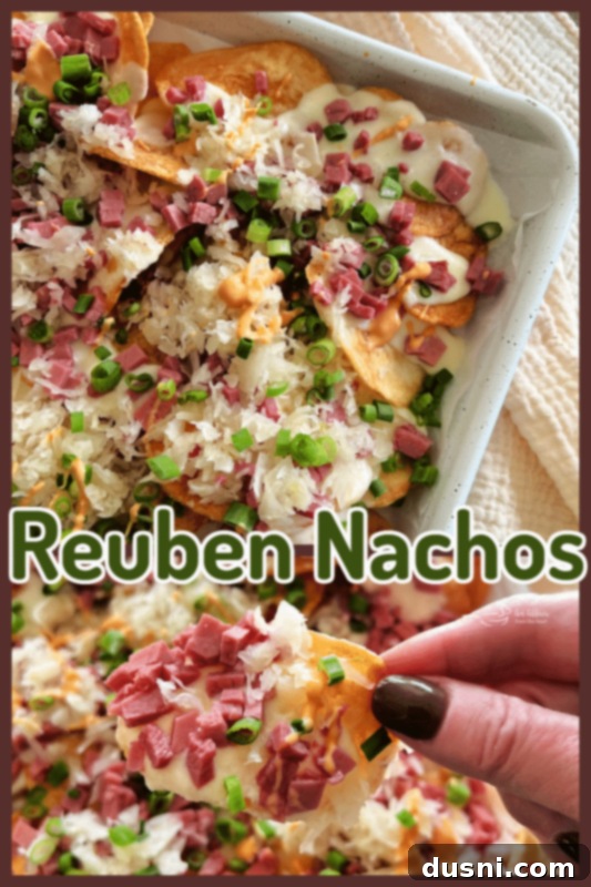 Loaded Reuben Nachos 12 Pinterest graphic promoting Reuben Nachos recipe