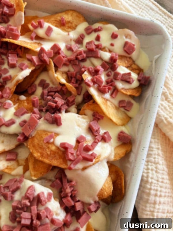 Loaded Reuben Nachos 9 Chopped, warmed corned beef spread over the cheese-covered potato chips
