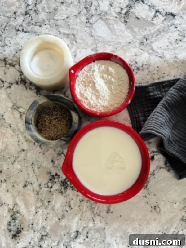 Ingredients for pork roast and gravy, including a pork shoulder roast, salt, pepper, and water, laid out on a kitchen counter.