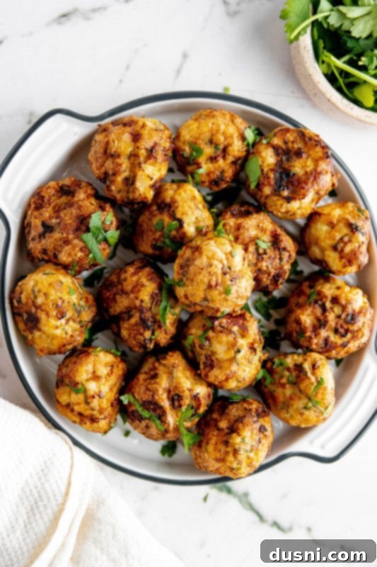 Crispy Air Fryer Turkey Meatballs 2 Air Fryer Turkey Meatballs served in a bowl with sauce.