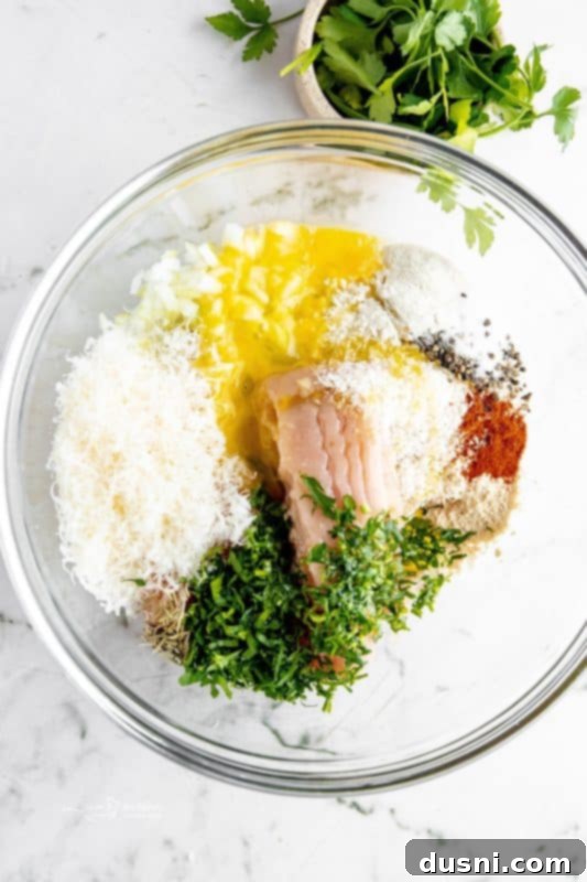 Crispy Air Fryer Turkey Meatballs 7 All ingredients for turkey meatballs placed in a large bowl.