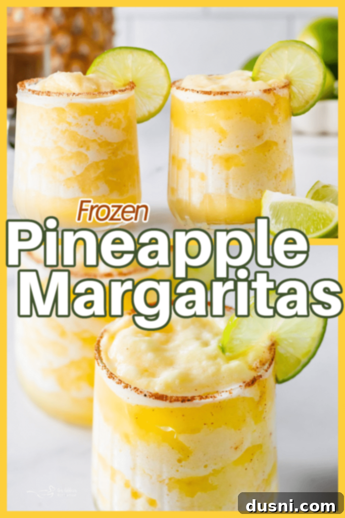 A close-up shot of a Frozen Pineapple Margarita, highlighting its vibrant color and frosty texture, ready to be enjoyed.