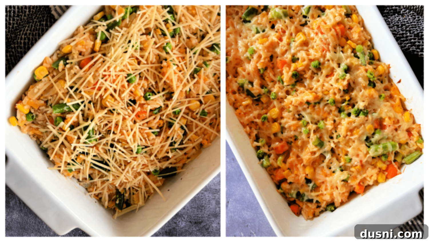 Dorothy's Golden Cheesy Vegetable Rice Bake 12 Pouring the rice mixture into a casserole dish.