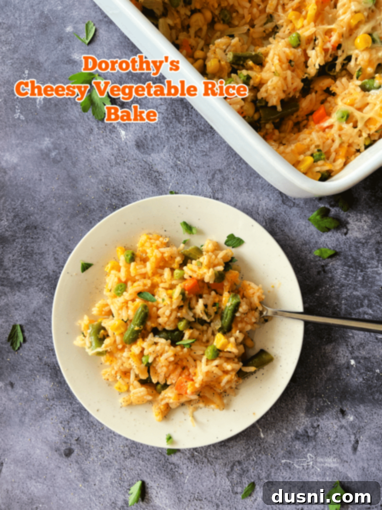 Dorothy's Golden Cheesy Vegetable Rice Bake 16 A final close-up of the Cheesy Vegetable Rice Bake in a casserole dish.