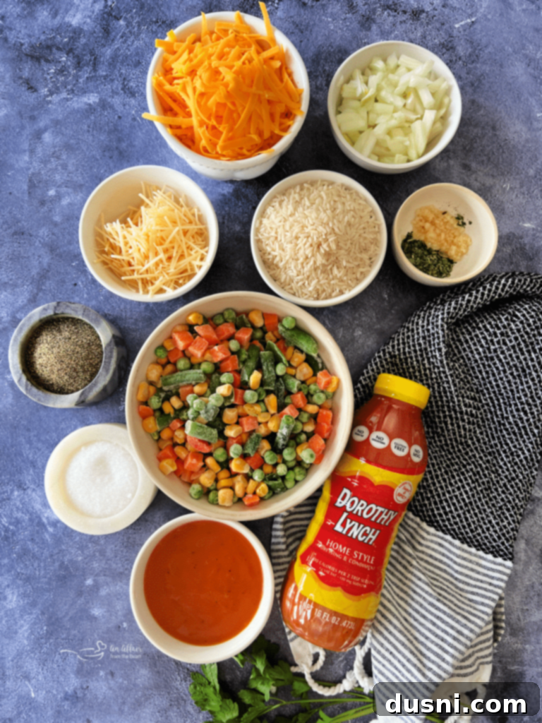 Dorothy's Golden Cheesy Vegetable Rice Bake 5 Overhead shot of the Cheesy Vegetable Rice Bake in a casserole dish.