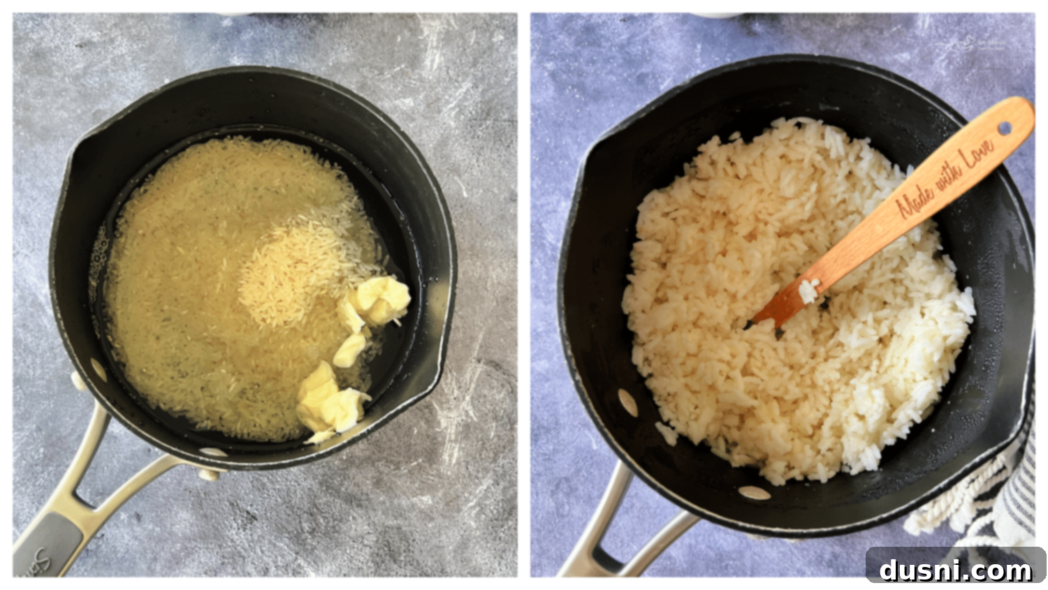 Dorothy's Golden Cheesy Vegetable Rice Bake 6 Cooked rice being prepared in a saucepan.