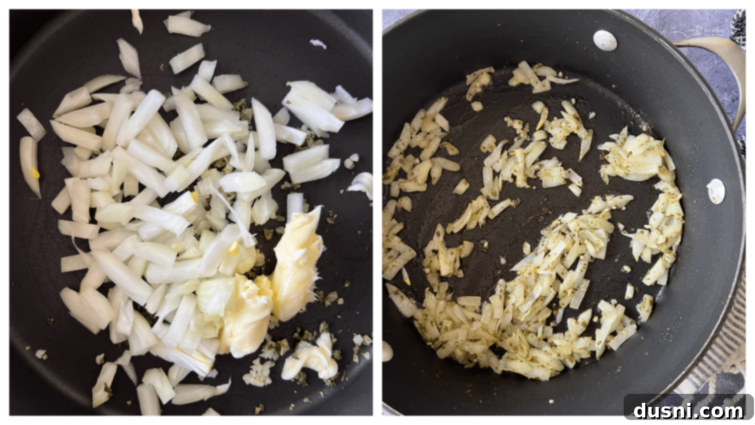 Dorothy's Golden Cheesy Vegetable Rice Bake 7 Another pan with butter melting, preparing for vegetables.