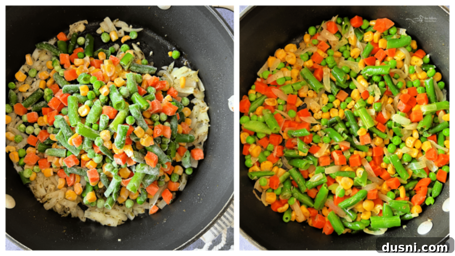 Dorothy's Golden Cheesy Vegetable Rice Bake 8 Onions, garlic, and basil sautéing in a pan.