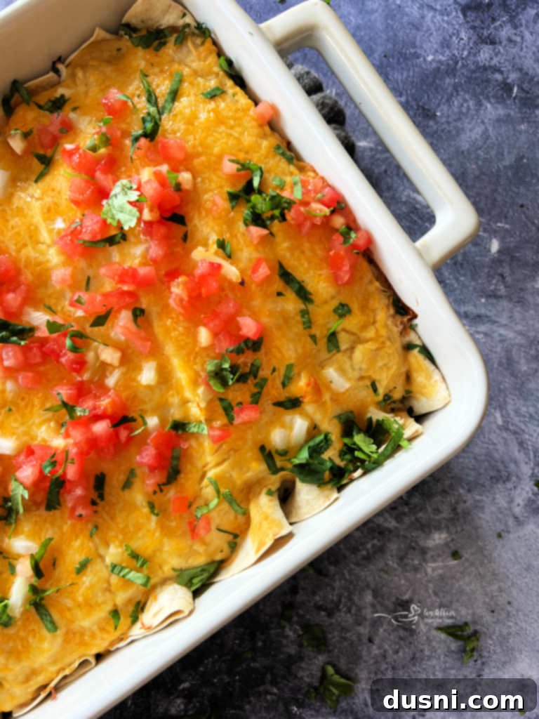Close-up of baked Five Bean and Cheese Enchiladas with bubbly cheese
