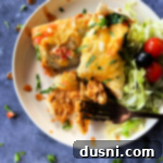 Close up of Five Bean and Cheese Enchiladas, a side salad and a fork on a white plate.