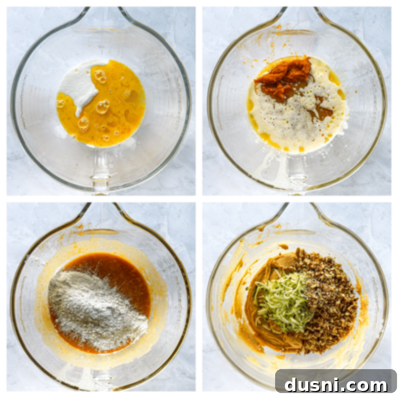 Pumpkin Patch Zucchini Crumble Loaf 10 Wet ingredients for the bread being mixed in a bowl.