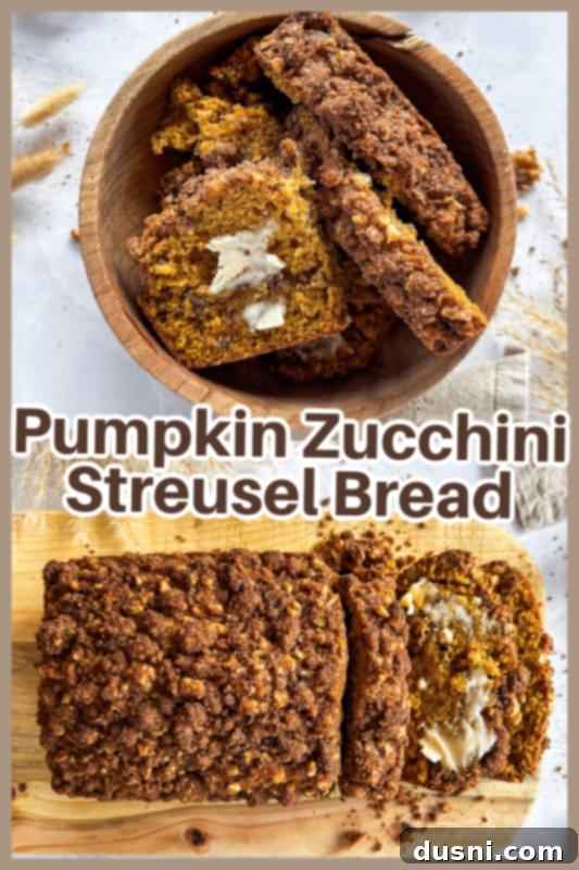 Pumpkin Patch Zucchini Crumble Loaf 14 Two slices of Pumpkin Zucchini Streusel Bread, ready to be served.