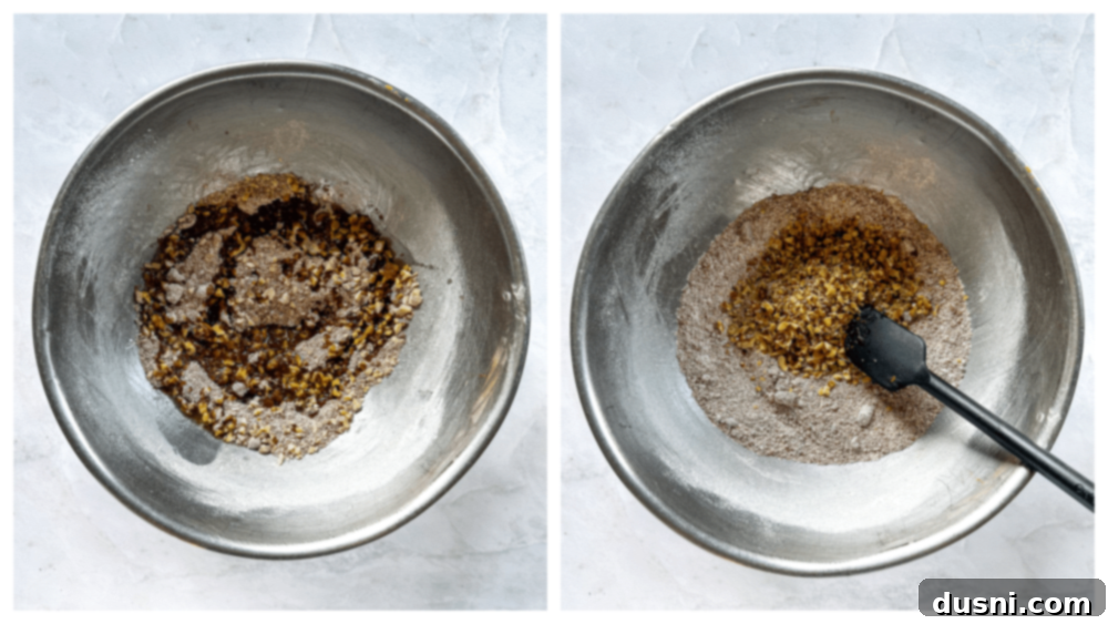 Pumpkin Patch Zucchini Crumble Loaf 9 Ingredients for the streusel topping being mixed in a bowl.