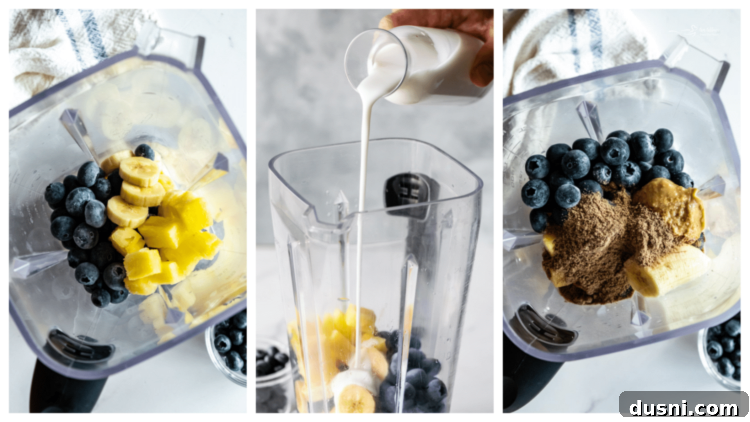 Vibrant Blueberry Pineapple Refresher 6 All ingredients for the Blueberry Pineapple Smoothie laid out on a table before blending.