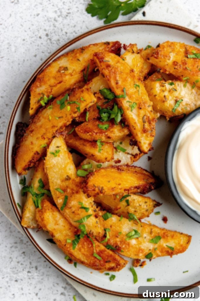 Crispy Roasted Parmesan Garlic Potato Wedges on a serving board