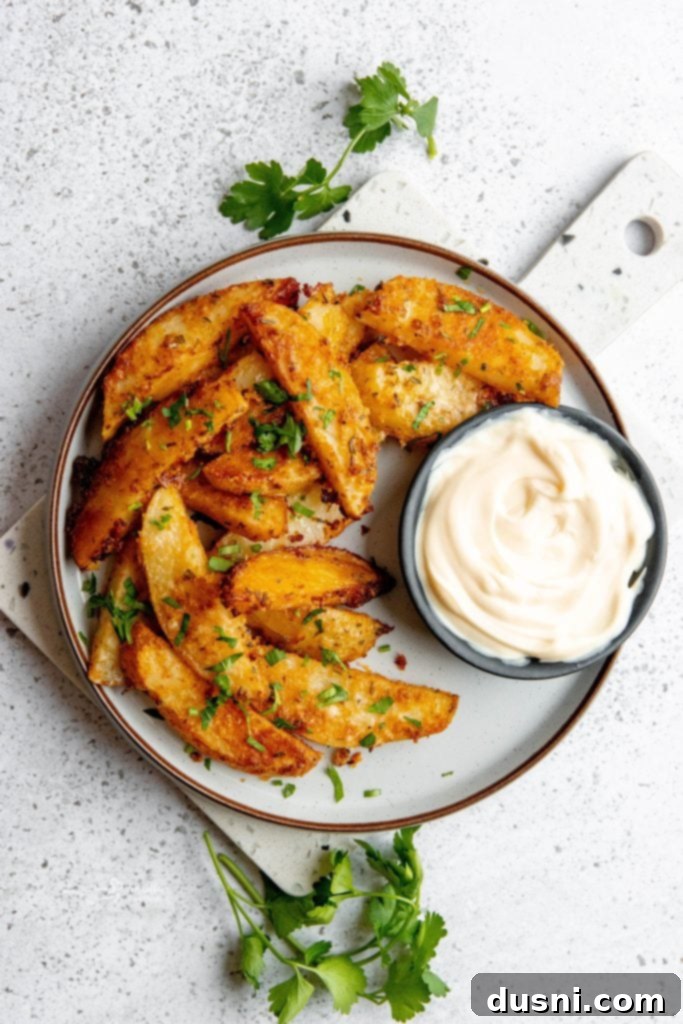 Close-up of golden brown roasted potato wedges with melted parmesan cheese and fresh parsley