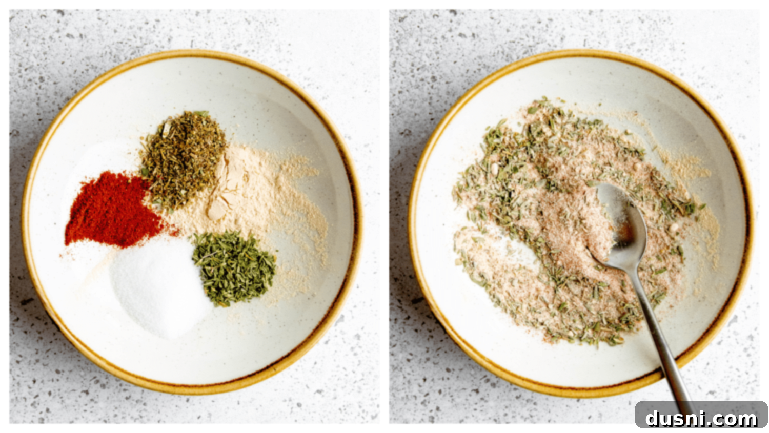 Seasoning blend in a small white bowl next to measuring spoons.