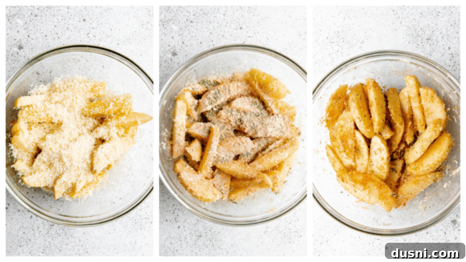 Freshly cut potato wedges in a large mixing bowl.