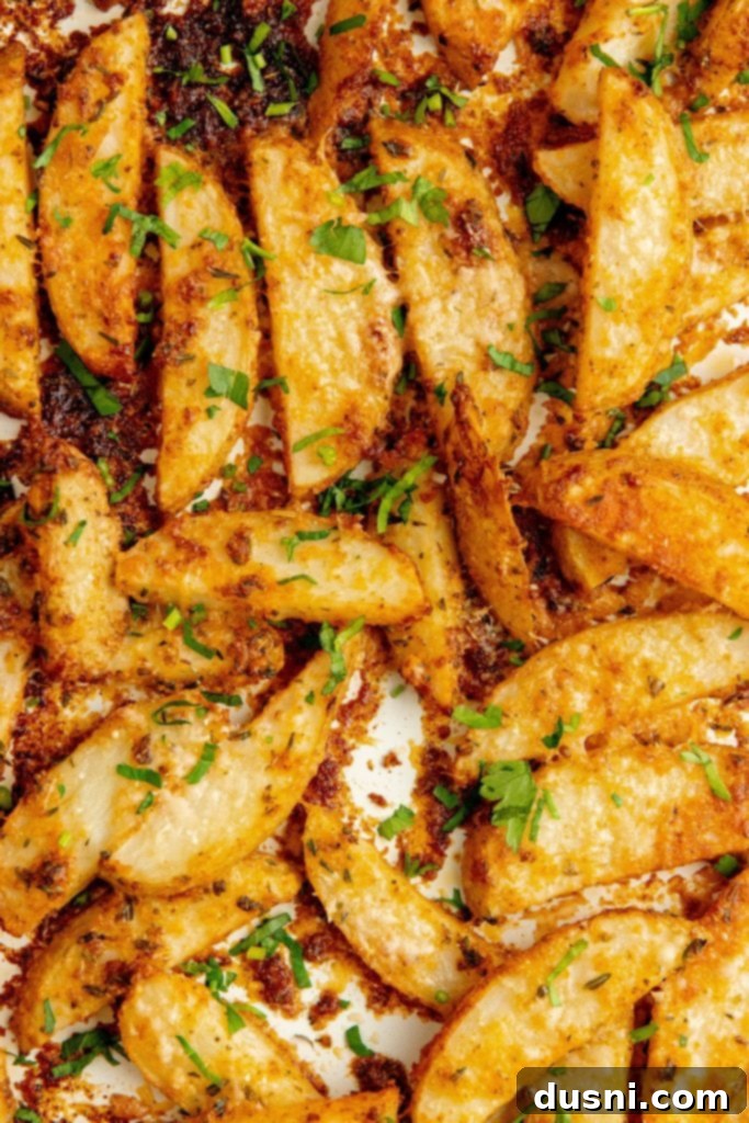 Roasted Parmesan Garlic Potato Wedges baking in the oven, turning golden brown.