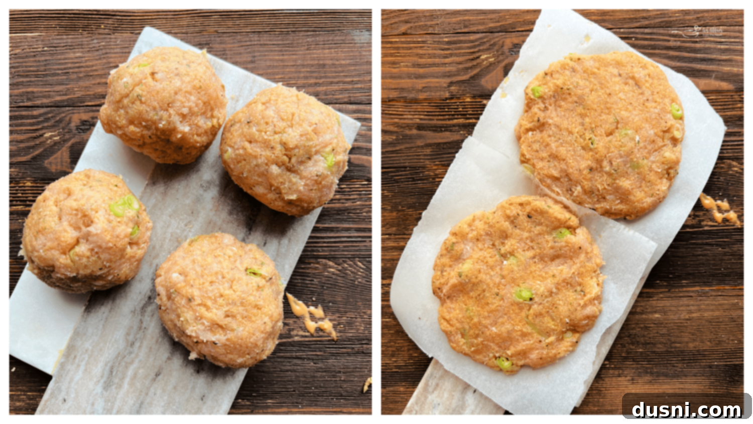 Four raw turkey burger patties shaped and ready for cooking.
