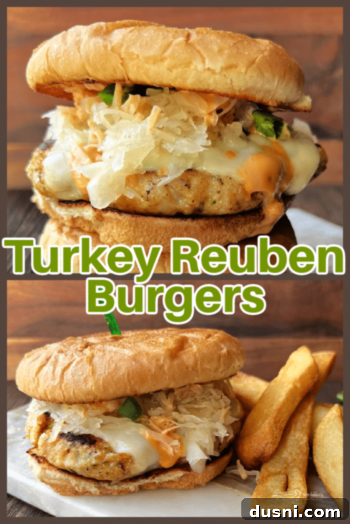 An appetizing Turkey Reuben Burger on a plate, ready to be eaten.