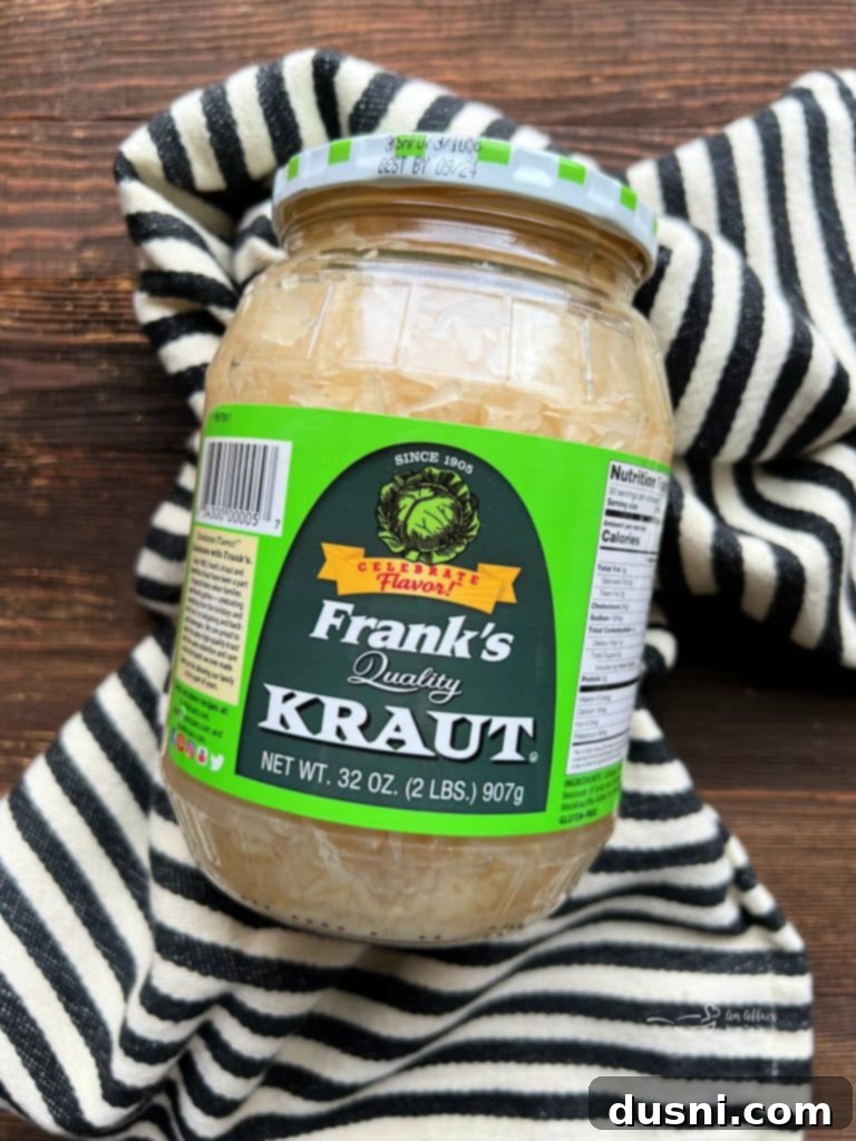 A large tub of Frank's Kraut, ready for use in cooking.
