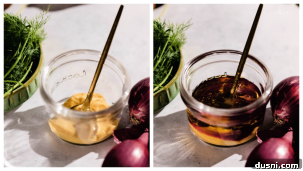 Refreshing Cucumber Tomato Salad 7 Ingredients for cucumber tomato salad dressing being whisked in a small bowl.