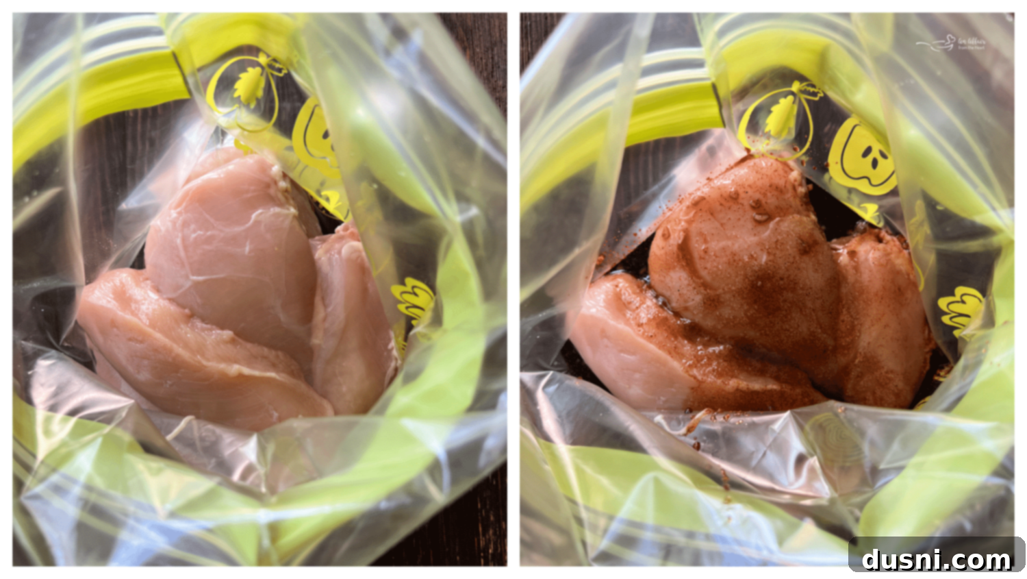 Pouring marinade over chicken breasts in a ziplock bag.
