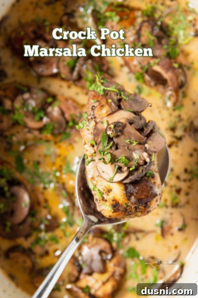 Effortless Slow Cooker Chicken Marsala 15 Hero shot of Crock Pot Chicken Marsala in a large bowl