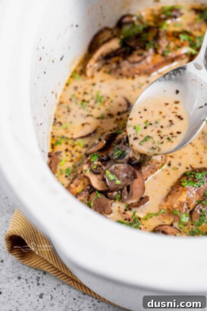 Effortless Slow Cooker Chicken Marsala 4 Cooked Crock Pot Chicken Marsala ready to be served